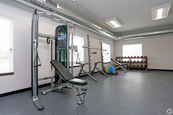 A fully equipped gym with weights and cardio equipment